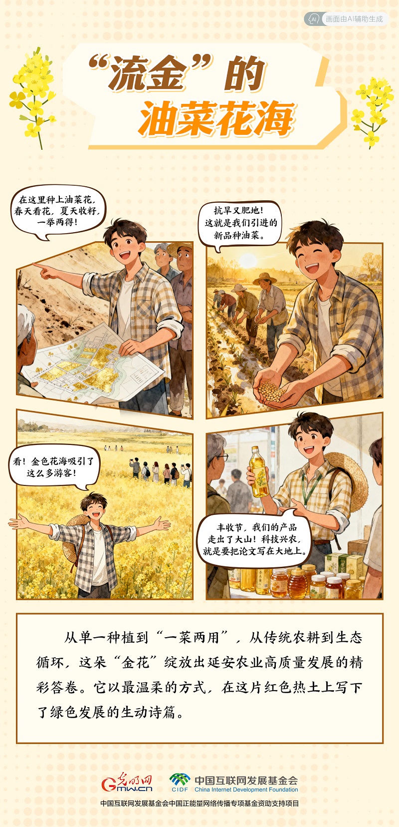 【我在老区“种”青春· AI漫画】油菜花海  万亩“流金”