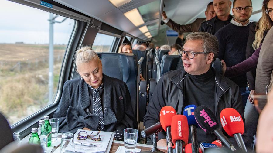 Serbian President Aleksandar Vucic (R) is pictured as he rides the train on the Hungary-Serbia high-speed railway from Belgrade to Subotica, Serbia, Oct. 3, 2025. (Photo by Wang Wei/Xinhua)