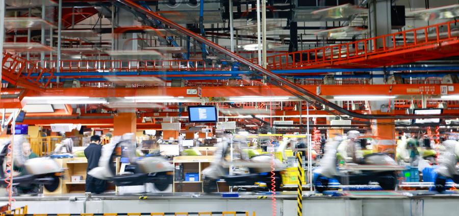 This photo shows the production line of YADEA at the electric scooter industrial park in Xishan District, Wuxi, east China s Jiangsu Province, Sept. 16, 2025. (Xinhua/Liu Jiaqi)